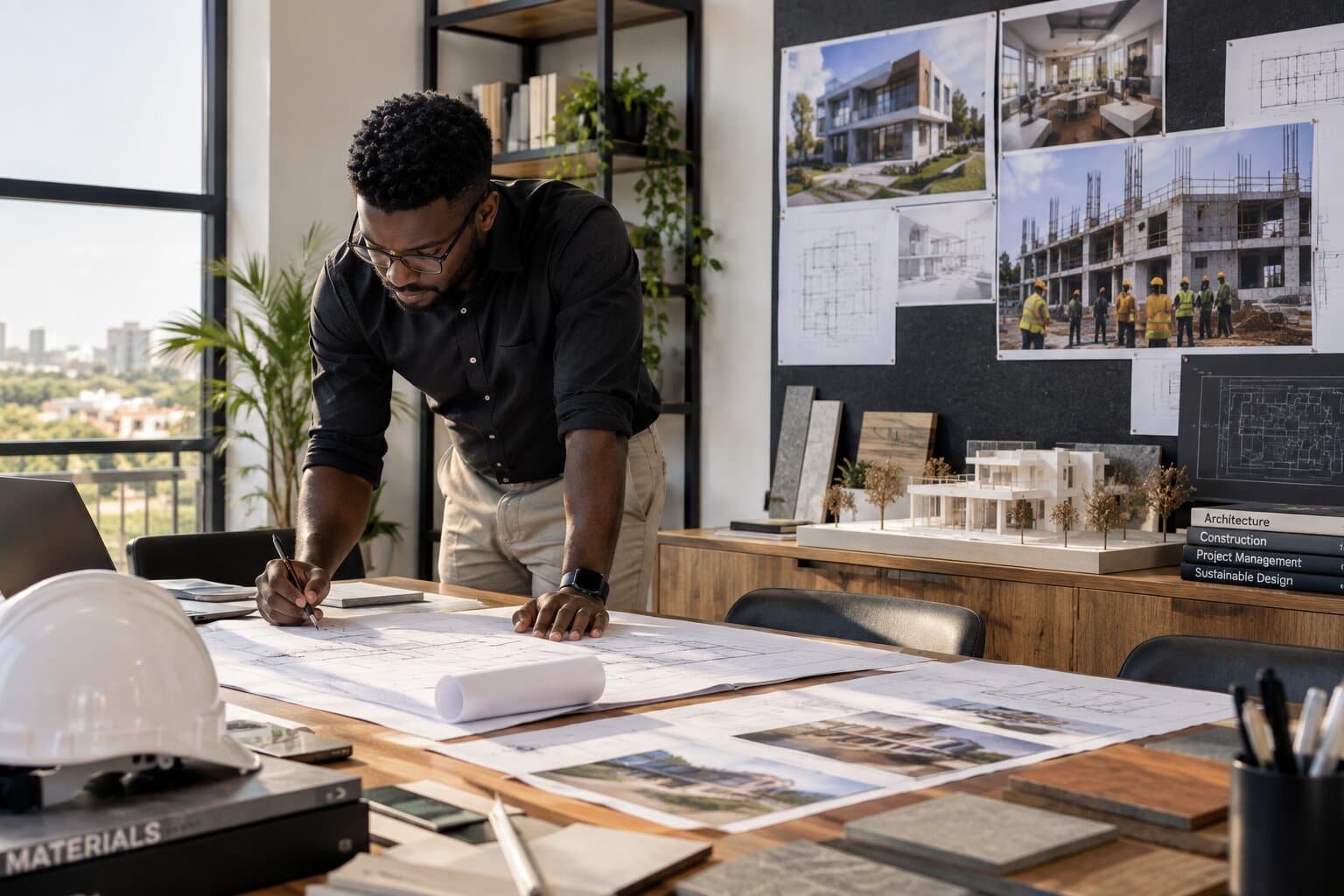 ProSquare architect working over drawings, material samples and a site model