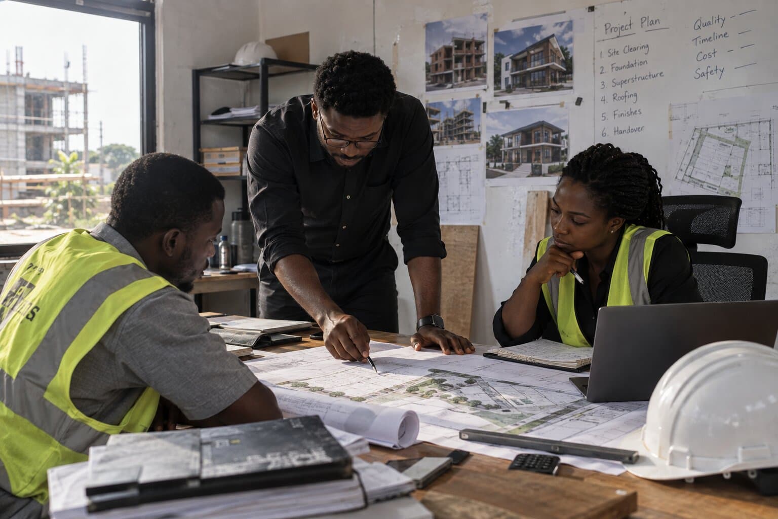 ProSquare team reviewing a site plan and project programme
