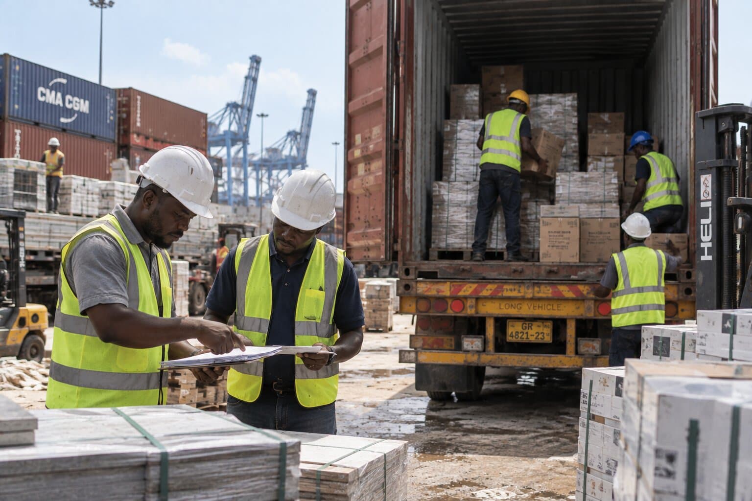 ProSquare team checking a delivery of materials at the port
