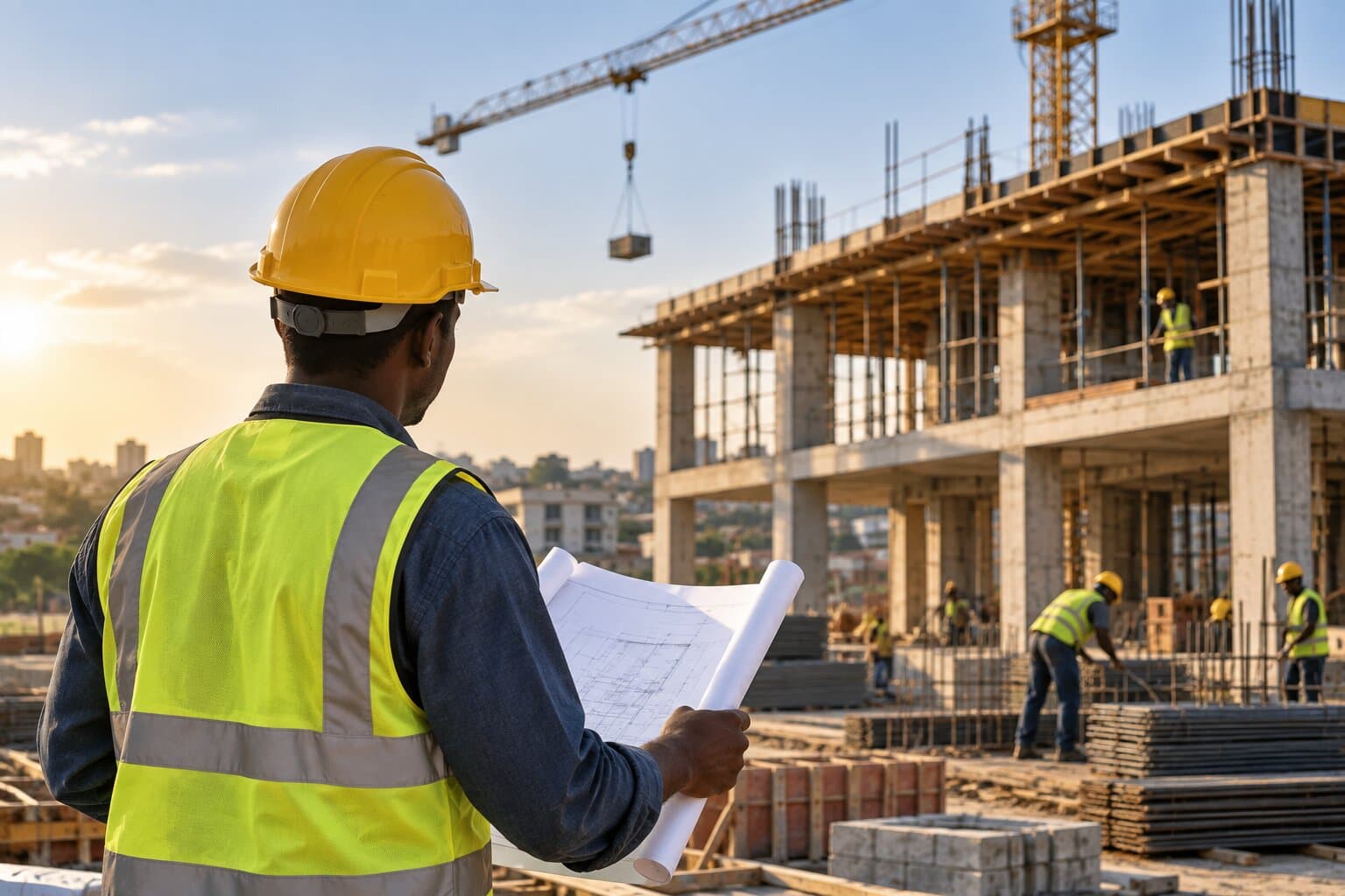 ProSquare site manager reviewing drawings on a construction site
